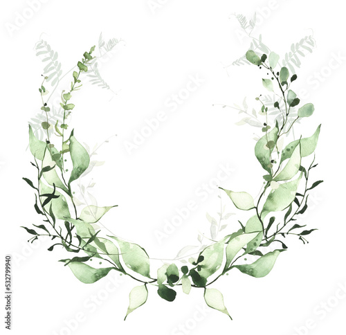 Watercolor greenery frame on white background. Light green  emerald wild branches  leaves and twigs wreath.