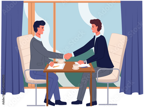 Business partnership cooperation beginning. Businessmen shaking hands after signing contract agreement. Business meeting of partners in office. Male colleagues discussing work and closing deal
