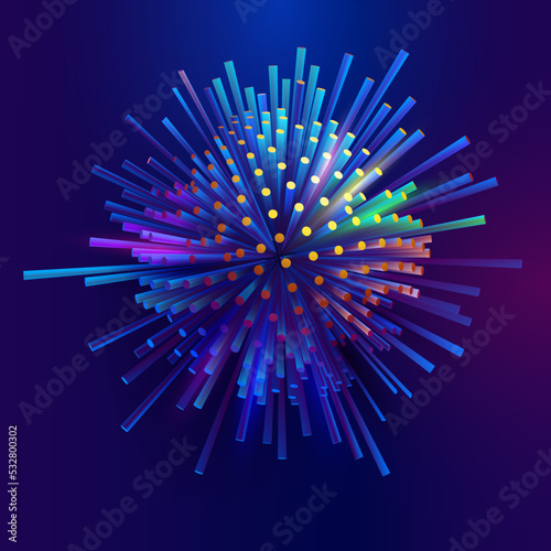 Colorful sphere of 3D dots. Dynamic explosion ball. Art geometric shape on dark background.