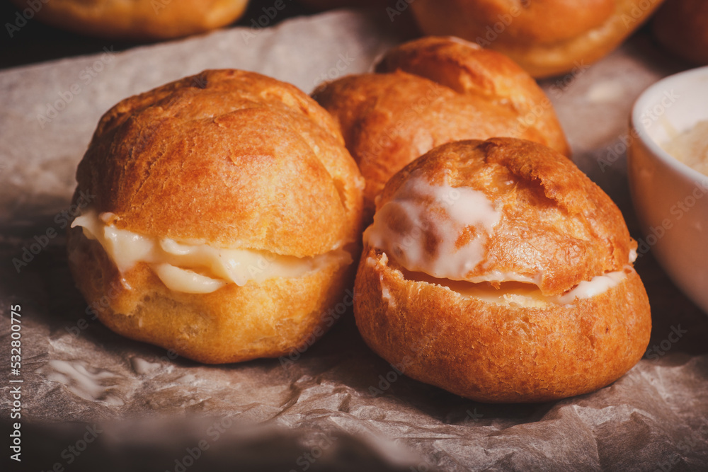 Custard buns with cream close-up