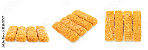 Fresh prepared fish sticks on a white isolated background