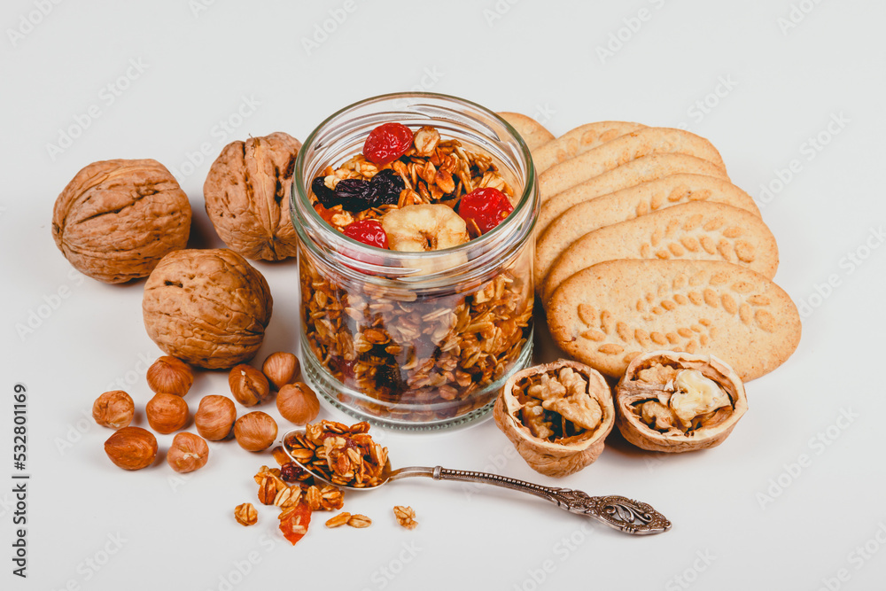 Useful breakfast. Homemade granola with nuts and cranberries