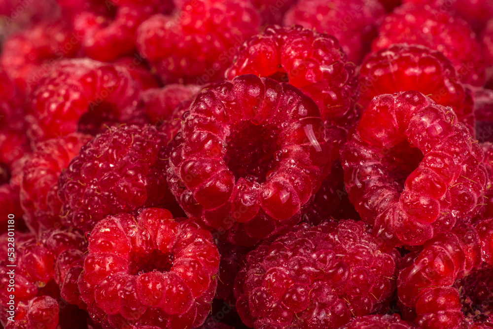 Fresh juicy raspberries close up. Background with red raspberries