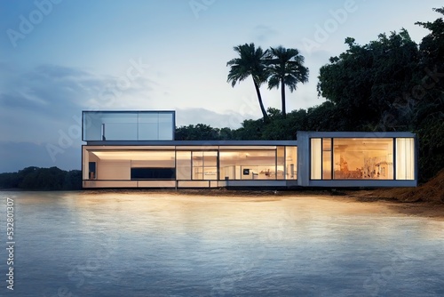 Contemporary home in tropical setting by the water