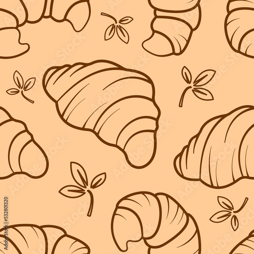 Pattern. Vector image of a croissant on a colored background. Drawing lines in color.