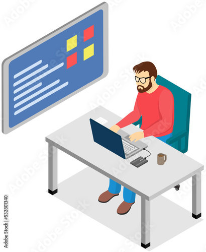 Man working at office with computer at workplace. Employee manager or businessman sitting at desk, looking at laptop, writing notes, doing tasks. Effective time management, workspace, workflow