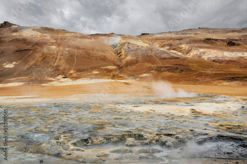 Geothermal area with boiling mud pools and hot water springs