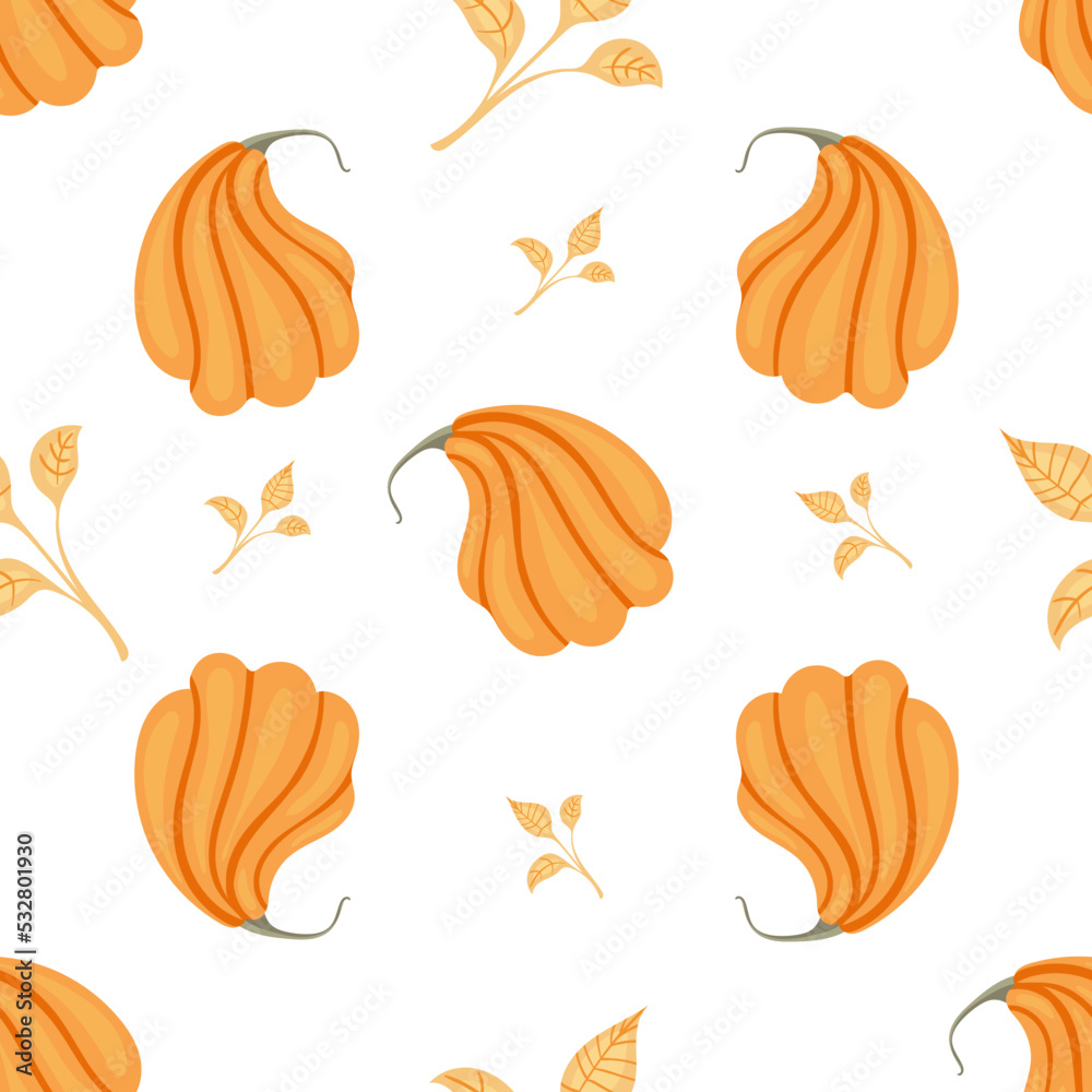 Autumn seamless pattern with cozy pumpkins and seasonal elements on white background.Hand drawn autumn pumpkins. Texture for scrapbooking, wrapping paper, invitations.