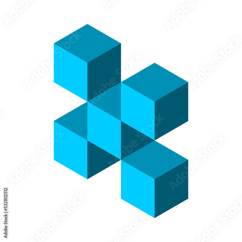 5 isometric cubes make a 3D geometric shape. Blue boxes make letter X. Abstract polygon object. Puzzle game pieces make a unity. Typography symbol made of block elements. Vector illustration, clip art