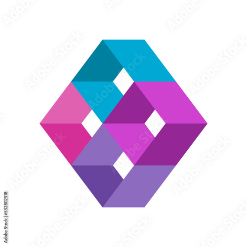 Colorful 3D object made of 4 frames. Geometric rectangular figure. Hexagon isometric shape made of cubes. Creativity business logo design idea. Boxes stacked together. Vector illustration, clip art. 