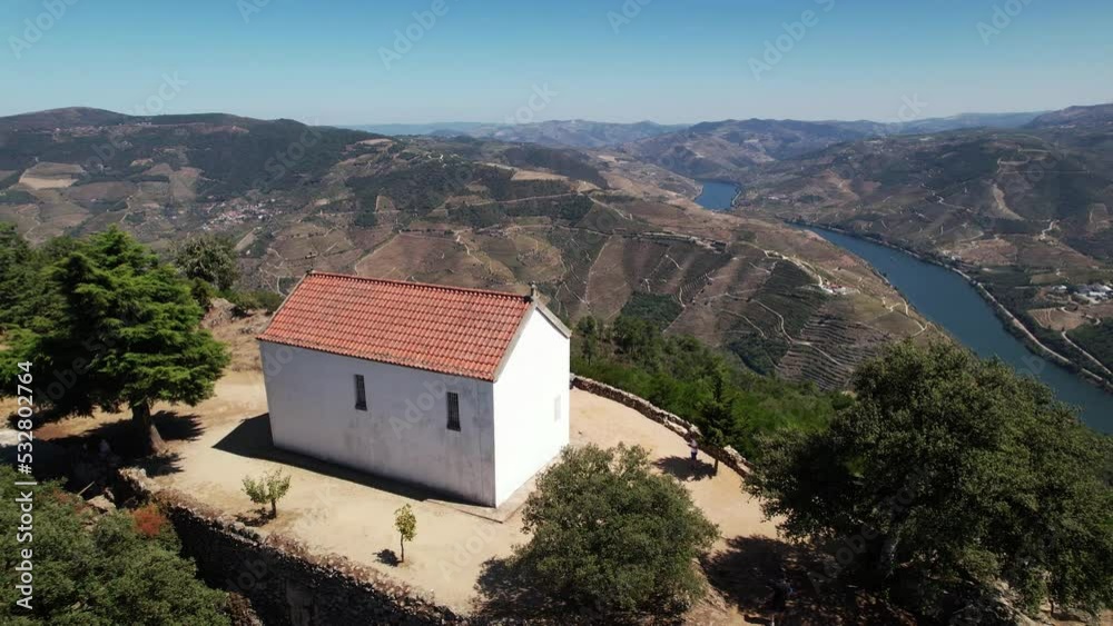 Church in the Mountain Viewpoint of St. Leonardo da Galafura in Douro Wine Region, Portugal. Aerial View of Amazing Nature. Travel Concept Church in the Mountain Viewpoint of St. Leonardo da Galafura in Douro Wine Region, Portugal. Aerial View of Amazing Nature. Travel Concept
