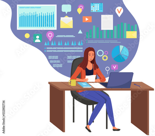 Obraz na plátně Woman sitting at table with computer next to poster with diagram