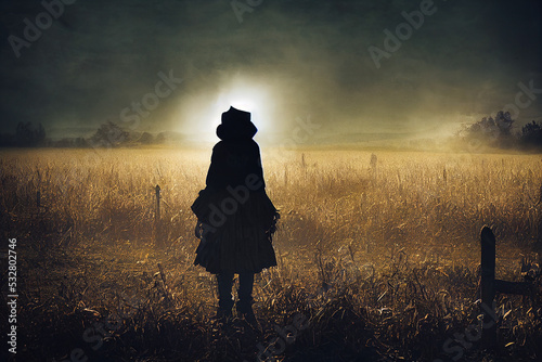 Canvastavla halloween haunted cornfield with a strange scarecrow shadow, digital illustratio