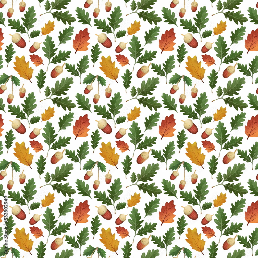 Fall forest pattern with fallen autumn leaves. Botanical seamless ornament with acorn leaves and mushrooms.