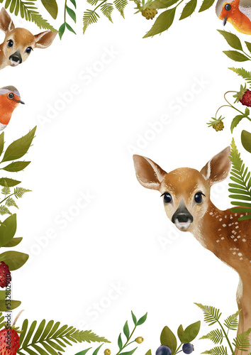 Woodland animals with autumn forest leaves isolated on transparent background. Border with fawns, cute deers, birds and greenery, perfect for thanksgiving day design, decoration, prints