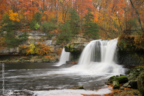 Cataract Falls waterfall surrounded by peak autumn colors. This is a long exposure with smooth and silky water. 