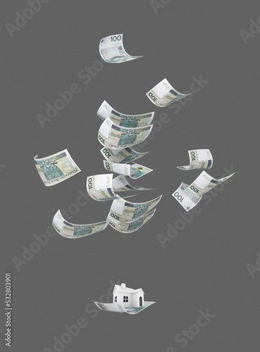 PLN 100. Flying Polish banknotes. Money as a dynamic 3D illustration.