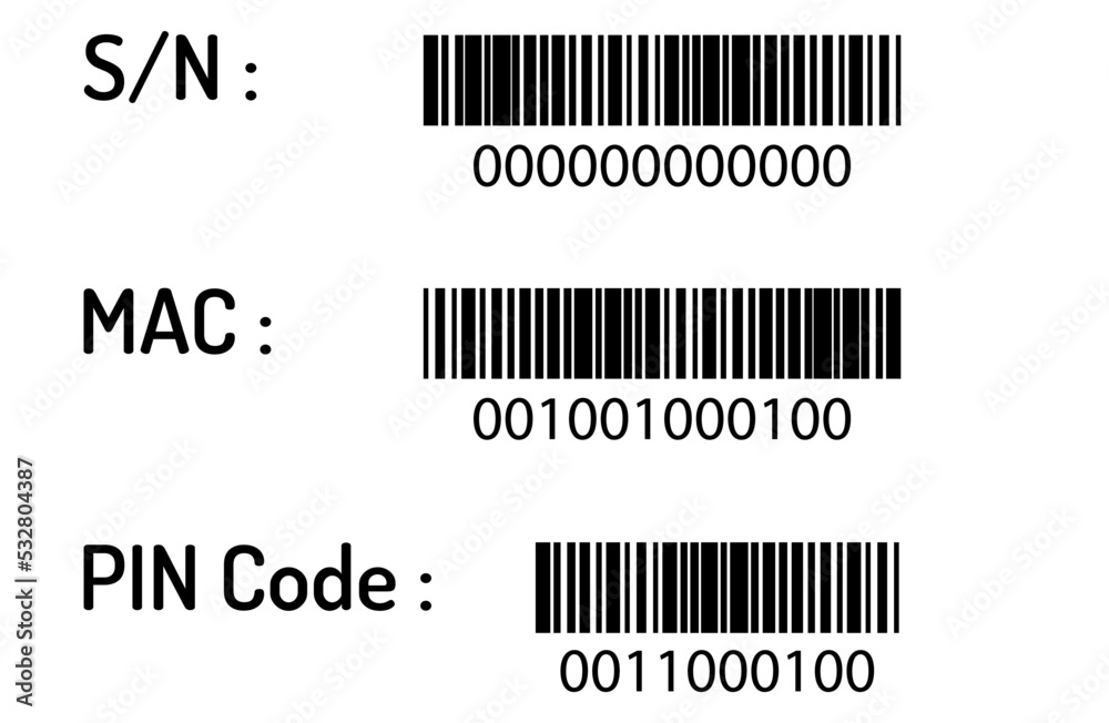 serial number, mac address and pin code with three barcodes Stock Vector |  Adobe Stock