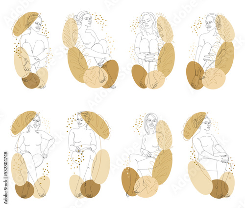Collection. Silhouettes of a girl in a modern single line style and a leaf of a plant. Female continuous line drawing, decor outline, posters, wall art, stickers, logo Vector illustration, set.