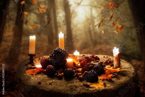 Candle, autumn leaves, fruits, berries, nuts in mysterious forest Wiccan altar for Mabon sabbat autumn equinox holiday Witchcraft, esoteric spiritual ritual , anime style photo