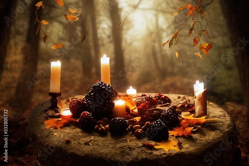 Candle, autumn leaves, fruits, berries, nuts in mysterious forest Wiccan altar for Mabon sabbat autumn equinox holiday Witchcraft, esoteric spiritual ritual , anime style