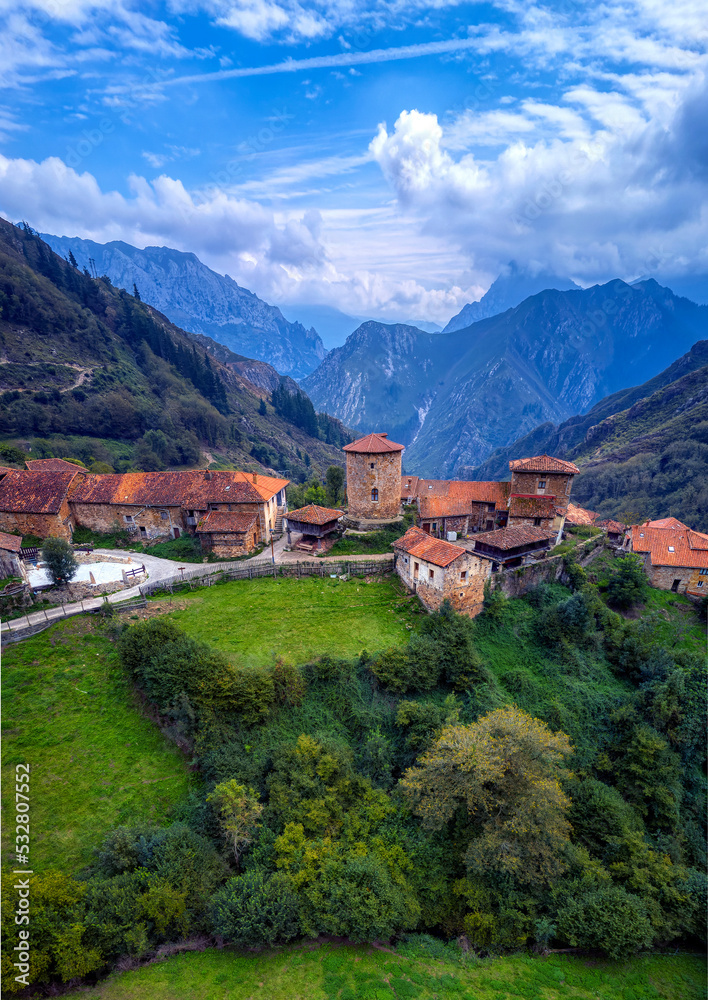 Fototapeta premium View of the medieval village of Bandujo in Asturias mountains. Spain.