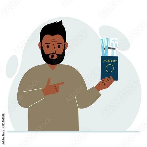 A man holds a passport with air tickets. The man shows the boarding pass. Travel concept.