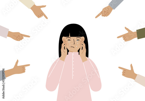 The concept of public condemnation, victim blaming and bullying. Crying depressed woman. The fingers point at the character and hate him. Internet cyberbullying.