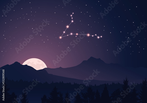 Obraz na plátně Constellation Pisces, dark starry sky, hills, forest, rising moon