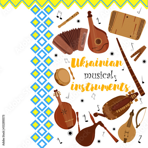 Set of hand drawn traditional Slavic, Ukrainian musical instruments. Bandur, tambourine, accordion, lyra, Cymbals, Ukrainian violin, sopilka. Vector illustration



