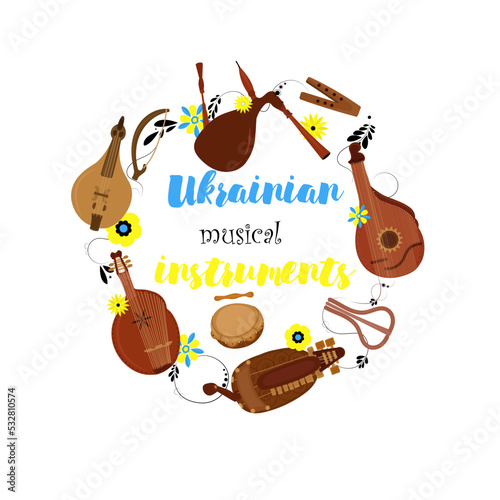 Set of hand drawn traditional Slavic, Ukrainian musical instruments. Bandur, tambourine, accordion, lyra, Cymbals, Ukrainian violin, sopilka. Vector illustration



