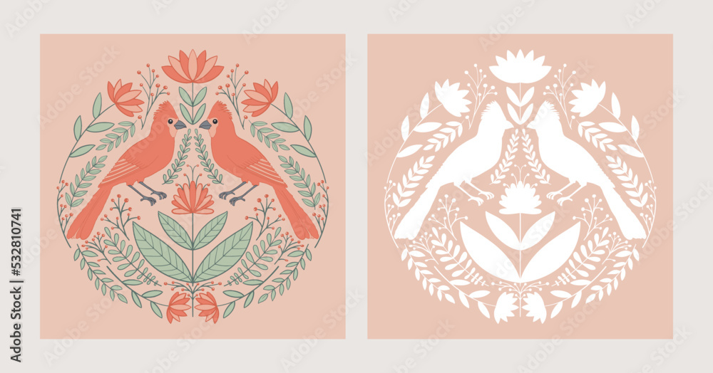 Set of 2 symmetrical ornament with birds, flowers and leaves with different folk compositions. Motif in scandinavian style. Ethnic flat illustration with paper texture in trendy colors. Set of 2 symmetrical ornament with birds, flowers and leaves with different folk compositions. Motif in scandinavian style. Ethnic flat illustration with paper texture in trendy colors.