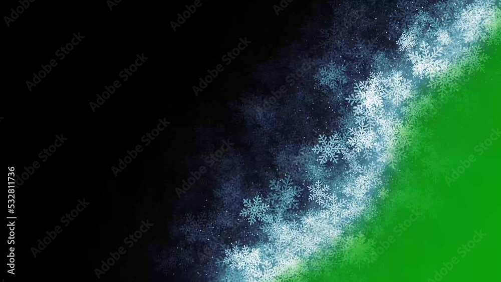 Snowflakes transition on green screen. Christmas and New year snow transition with Key color. Chroma key, Color key background. 4K video