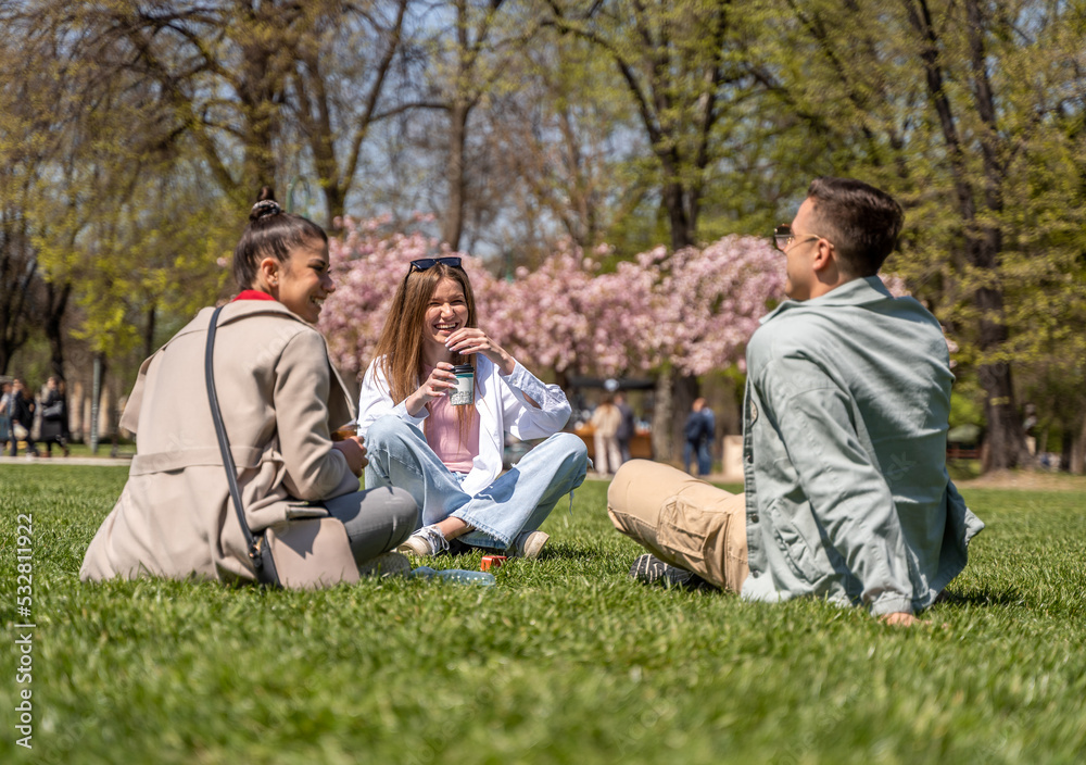 Three young friends relaxing on green meadow in park Three young friends relaxing on green meadow in park