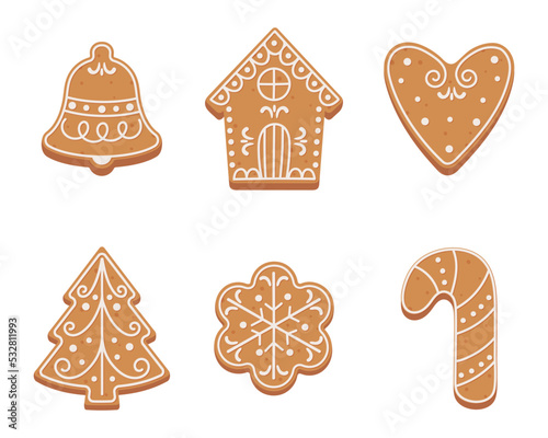Set of Christmas gingerbread cookies in flat cartoon style.