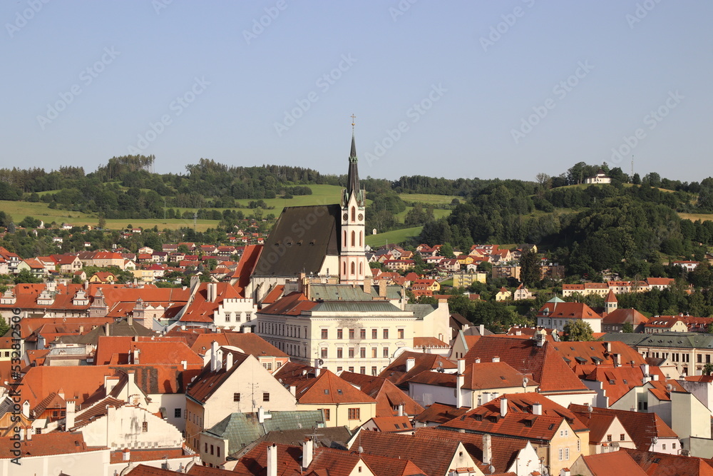 A view to the historical town with church in the middle at Cesky Krumlov, Czech republic