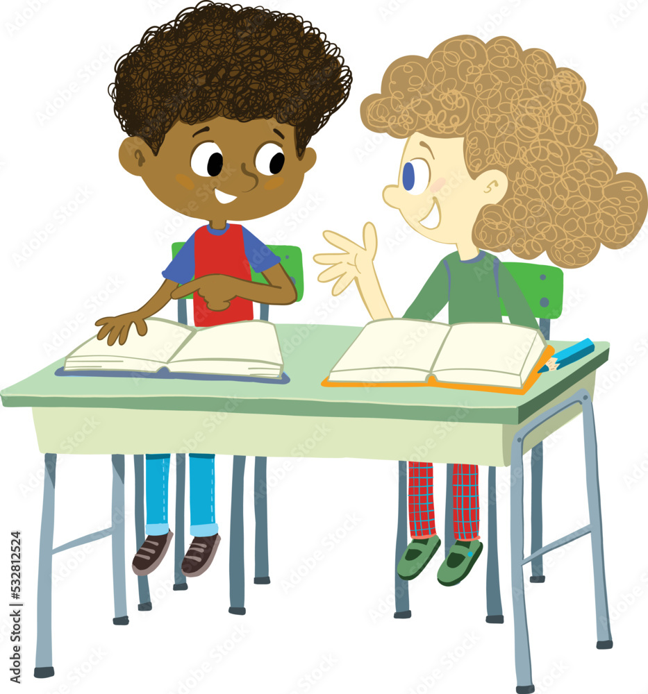 couple of children are sitting together in a school desk and talking couple of children are sitting together in a school desk and talking