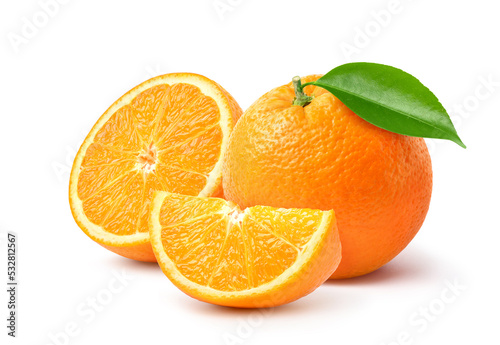 Orange fruit with cut in half and slices isolated on white background. Clipping path.