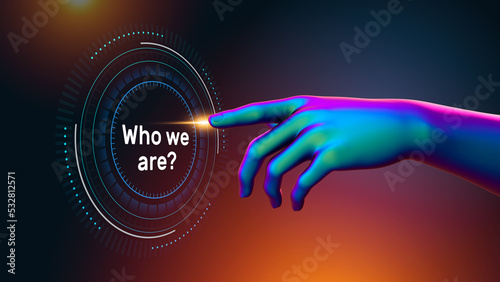 Robot hand from the future touching the who we are button. Company vision and innovation concept