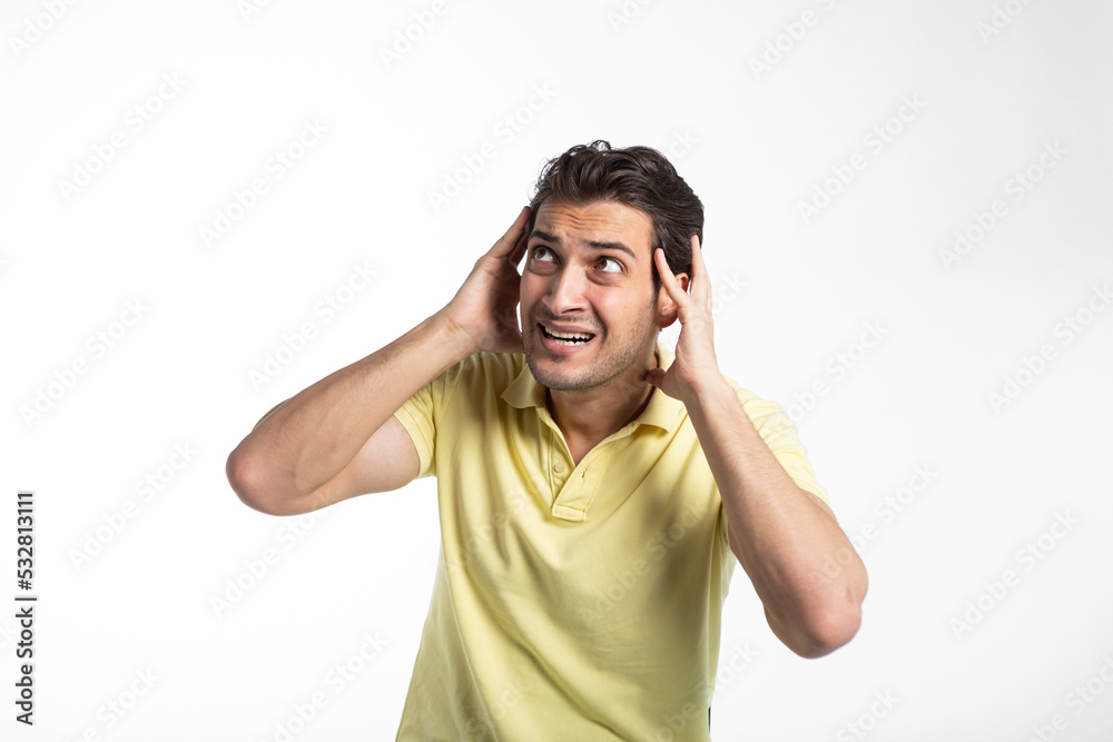 Close up portrait of unhappy stressed man isolated on white background