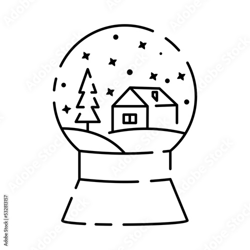 One line crystal snow globe with xmas theme. Christmas or new year snow globe icon. Glass ball for winter xmas holiday concept in simple linear style. Snowflake and house with tree