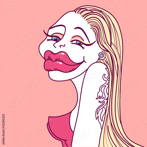 Stylish woman portrait with long blonde hair and botox lips. Vector caricature illustration of glamour makeup young woman with tattoo decor body on pink background photo