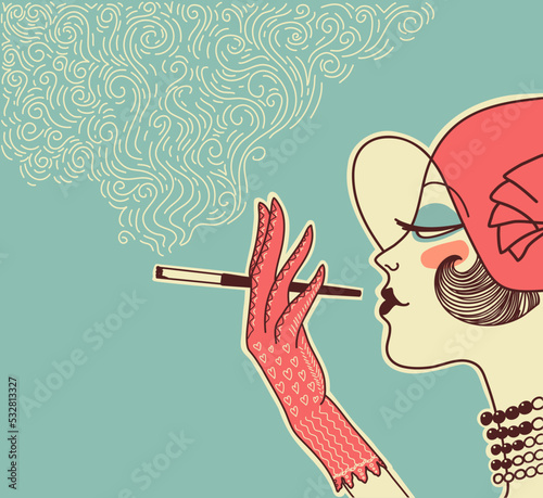 Retro woman poster with cigarette and smoke decoration. Vector flapper girl with fashion red hat smoking cigar hand drawn illustration on poster background.