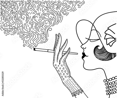 Retro woman style with cigarette and smoke decoration. Vector flapper girl with fashion hat smoking cigar hand drawn illustration isolated on white background.