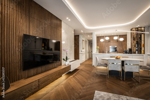 Modern living room interior with brown wooden floor and wall