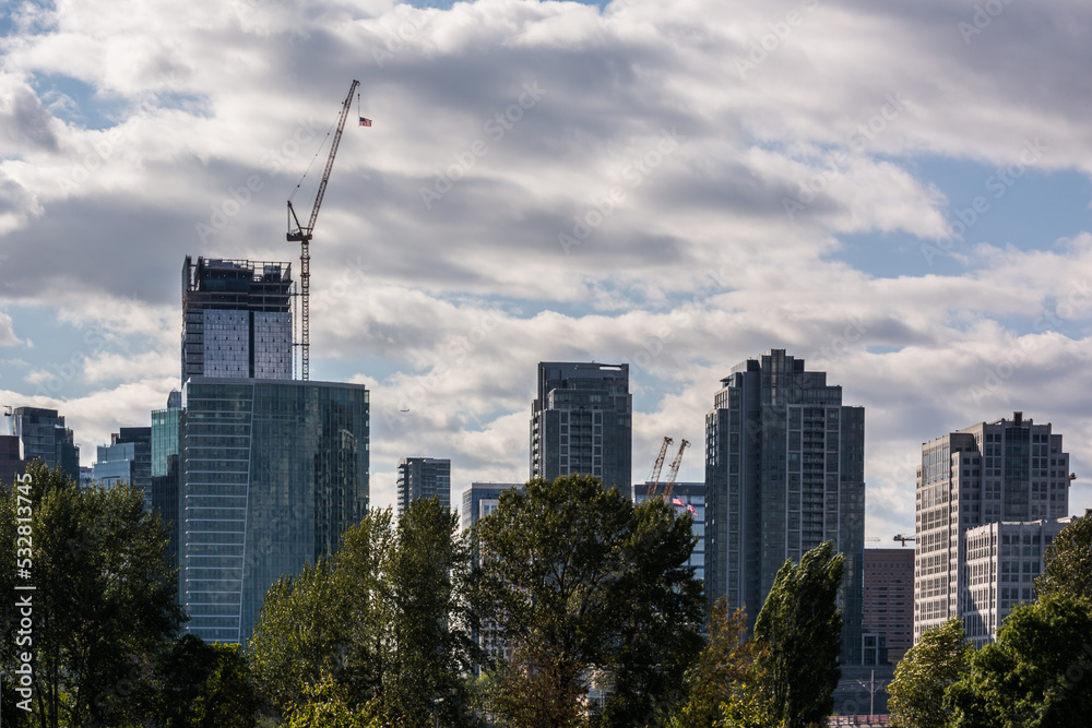 Bellevue Washington skyline skyscrapers cityscape construction summer afternoon cloudy day Bellevue Washington skyline skyscrapers cityscape construction summer afternoon cloudy day