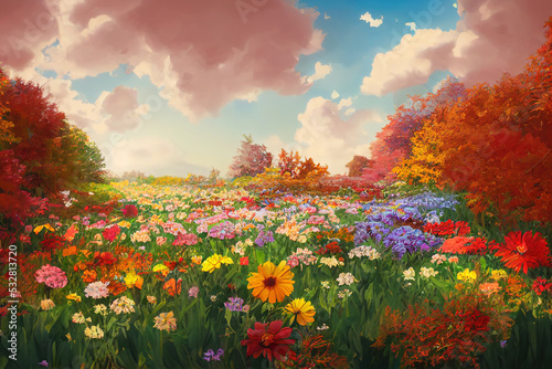 bright flowers in rubber boots autumn season background harvesting concept fall composition with garden flowers , anime style