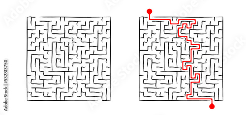 Labyrinth line pattern, Black square maze. vector labyrinth of low or medium complexity. Black and white geometric pattern. labyrinth design icon. Maze tangled lines. Thinking game