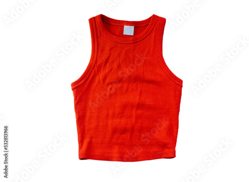 Orange sleeveless women's t shirt isolated on white background. Top view