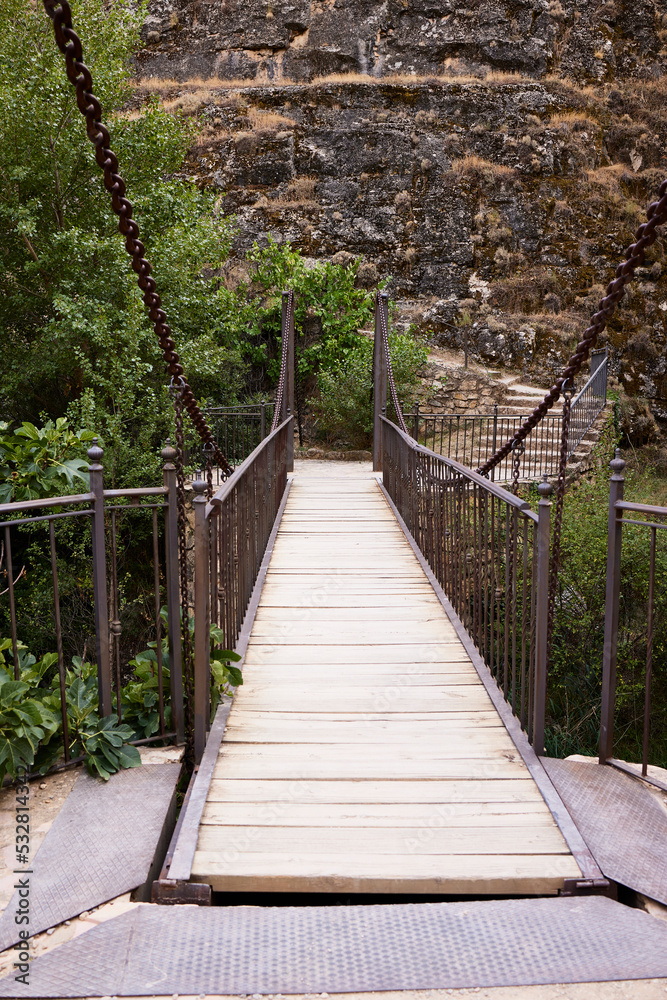 Small metallic suspension bridge in a park